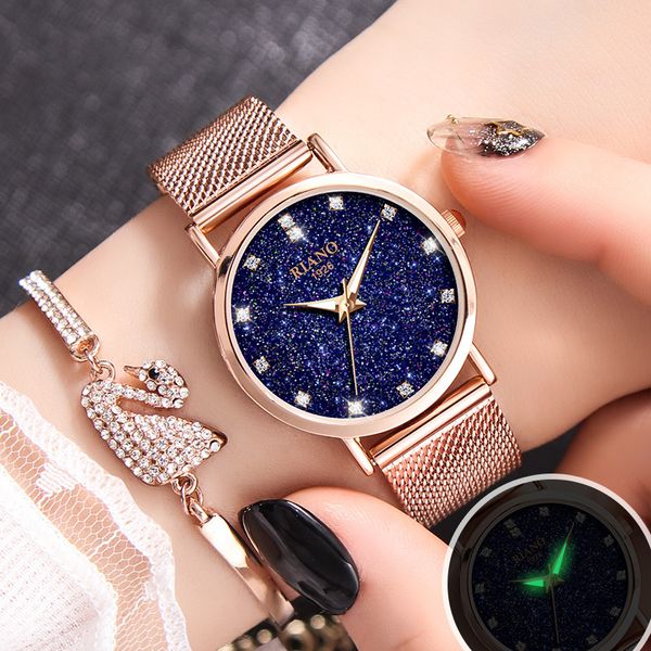 

2019 luxury rose gold ladies wrist watches fashion women starry sky watch jewelry steel mesh diamond female clock zegarek damski, Slivery;brown