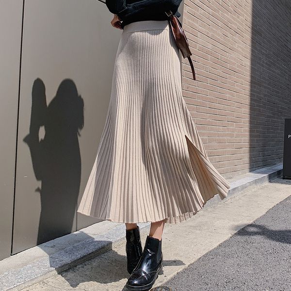 

autumn winter women warm knitting skirts ladies vintage high waist midi skirt female elegant skinny pleated skirts womens, Black