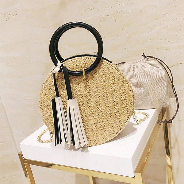 

beau-summer handbag hand-woven straw female round phone bag portable beach bag chain shoulder apricot