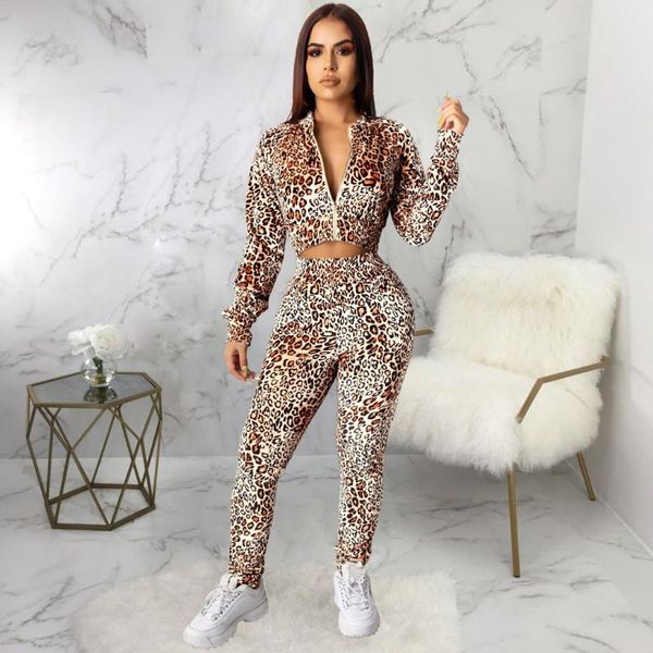 

women sports suit fashion digital leopard print sets ladies summer two-piece set long sleeve crop + pants #ss, White;black