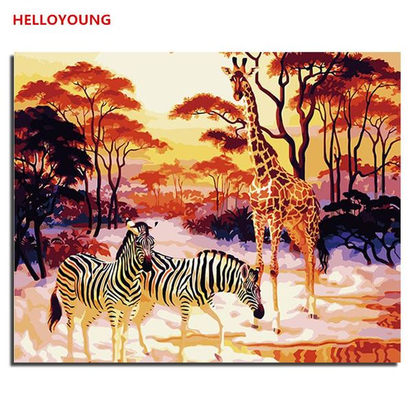 HELLOYOUNG DIY Pintura A Óleo Pintado À Mão Zebra Girafa Pintura Digital por números pinturas a óleo pinturas a ...