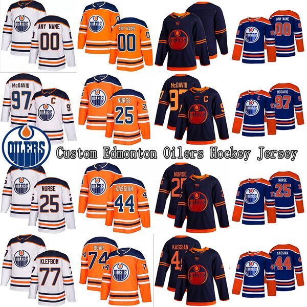 Özel Edmonton Oilers Jersey 97 Connor McDavid 74 Ethan Bear 44 Zack Kassian 25 Darnell Nurse 18 Neal Hokey Formaları