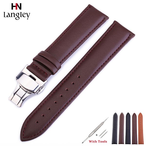 

genuine leather band for wristwatch straps double press butterfly buckle 12mm/14mm/16mm/18mm/19mm/20mm/22mm/24mm wristbands #, Black;brown