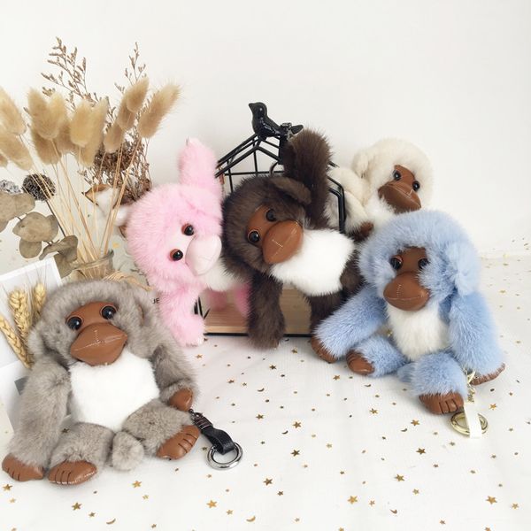 

real genuine fur monkey keychain toy pompom ball bag charm phone pendant gift, Silver