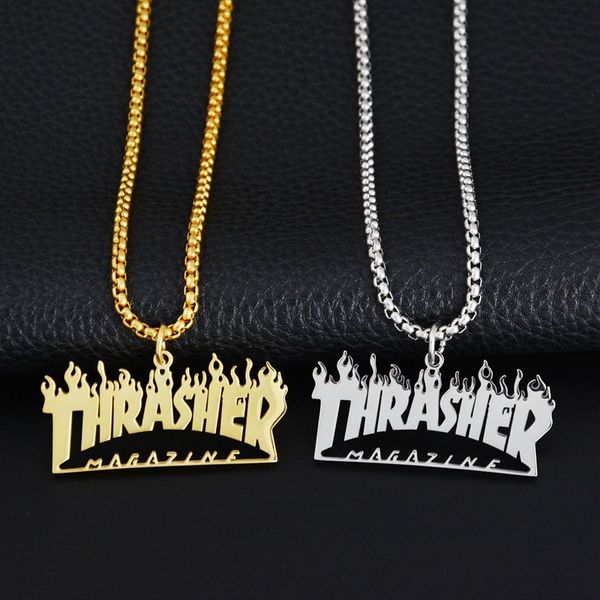 

hip hop personalized titanium steel flame letter necklaces for men women gold silver popcorn long chain necklaces nightclub bar jewelry