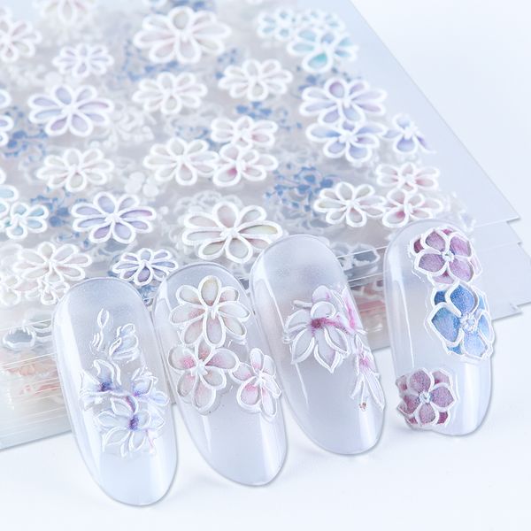 

white flowers 5d carved nail sticker engraved petal slider self adhesive decals nail art decoration full wrap be1019, Black