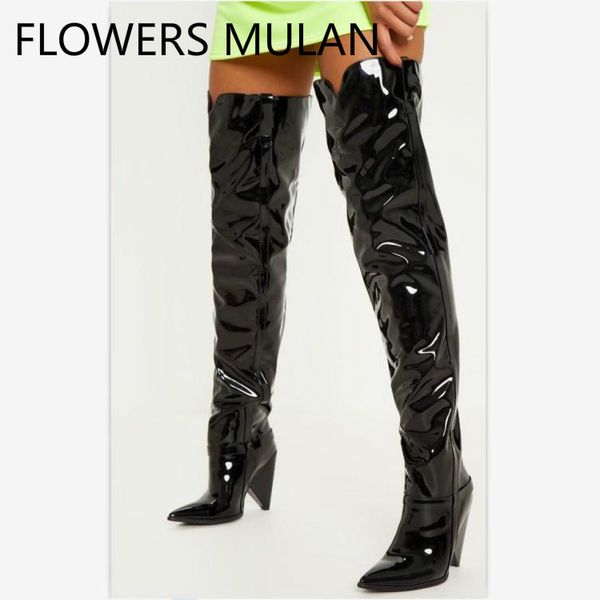 

shiny black patent leather winter boots women thigh high chic pointed toe slip on ladies booties sewing upper spike heel zapatos