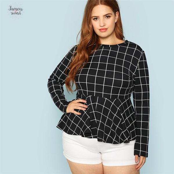 

black and white blouse plaid ruffle women lady plus size office panelled o neck grid print peplum autumn new top