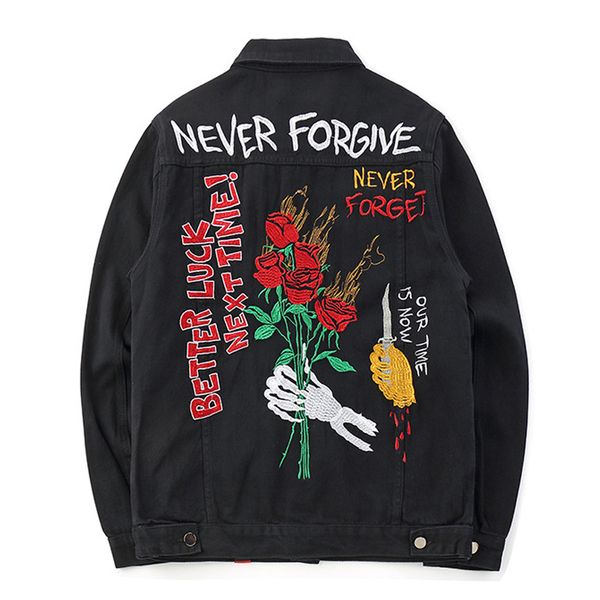 

embroidery rose skull denim jackets men women 2019 autumn fashion cotton jean jacket coats male hip hop streetwear black ws238, Black;brown
