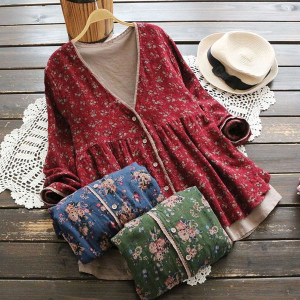 

3214 new big size autumn women japan retro flroal print vintage blouse lace v-neck shirt cardigan long sleeve cotton linen blous, White