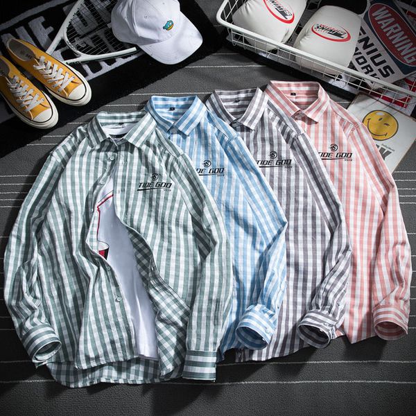 

autumn male plaid shirt fashion pattern mens shirts blue gray green pink men long sleeve shirt, White;black