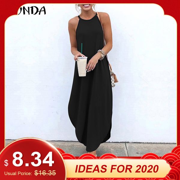 

vonda women dress 2019 summer strap sleeveless irregular party maxi long dresses female casual loose plus size vestidos, Black;gray