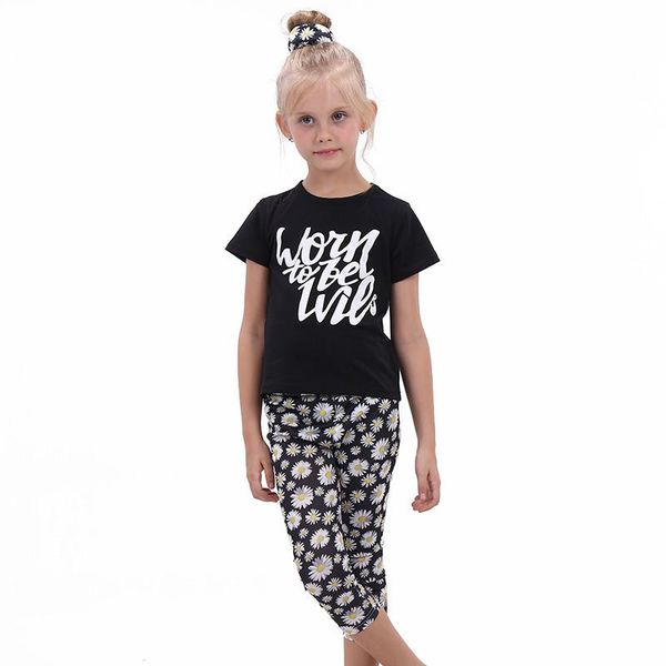 

girls clothes set causal girl clothing black sunflower print pants+headband outfit 3 pcs sports suit for girls, White