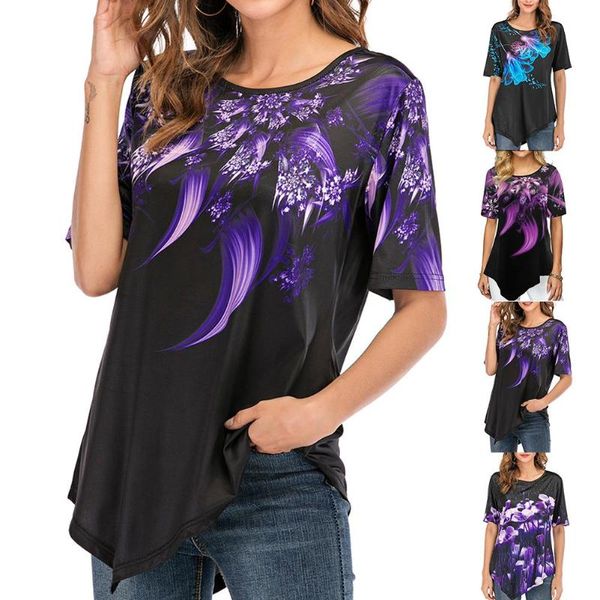 

plus size women o neck short sleeve digital floral print irregular hem t-shirt, White