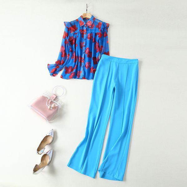 

european and american women's clothing 2019 summer new style long-sleeve printed shirt blue trousers fashion suits, White