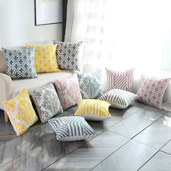

colorful embroidered cushion cover nordic style geometric floral two-sided embroidery pillow case pure cotton home decoration