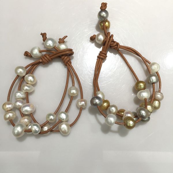 

casual sporty baroque natural fresh water pearl bracelet brown leather fashion women jewelry 10mm some hole or spots, Golden;silver