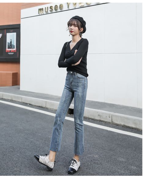 

violet female straight jeans loose fashionable joker, Blue