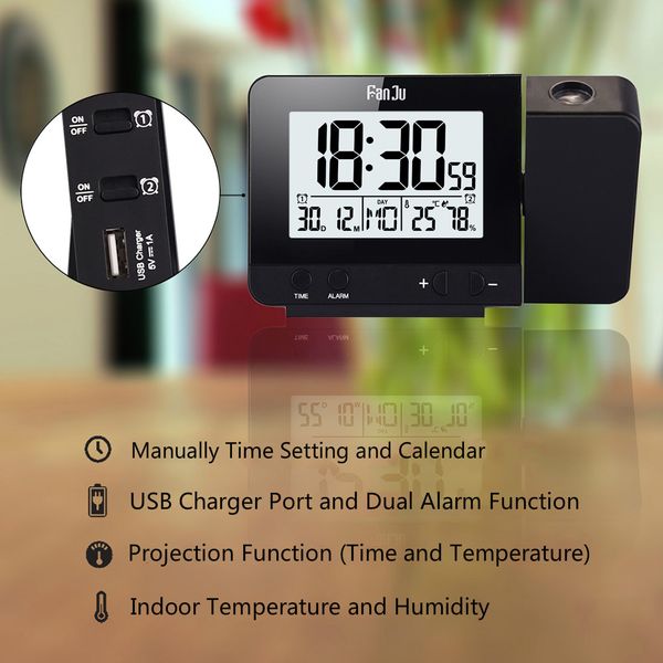 DHL Kabellos Projektionswecker Uhr Thermometer Wecker mit Projektion Projektor
