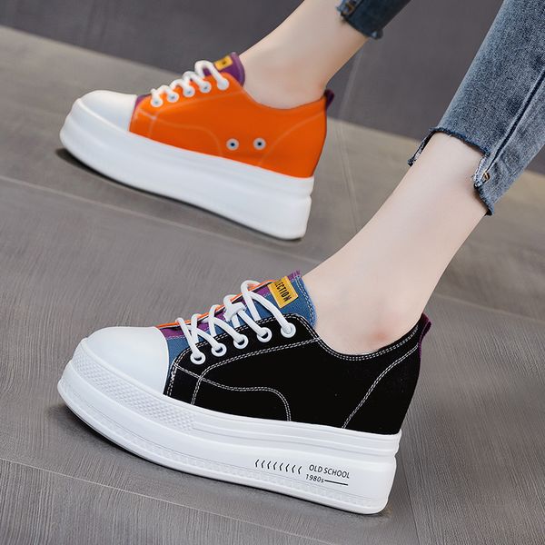 

summer shoes ladies women increas height mixed colors round toe all-match platform casual female sneakers wedge basket, Black