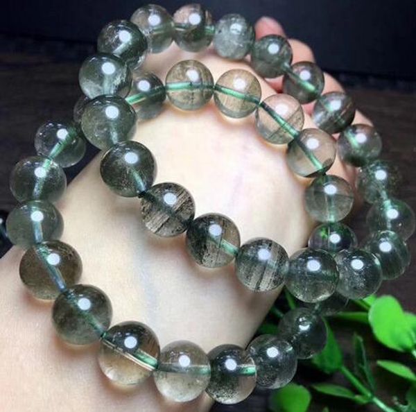 

natural rutilated quartz green glass beads bracelet for women 11,8mm, Black