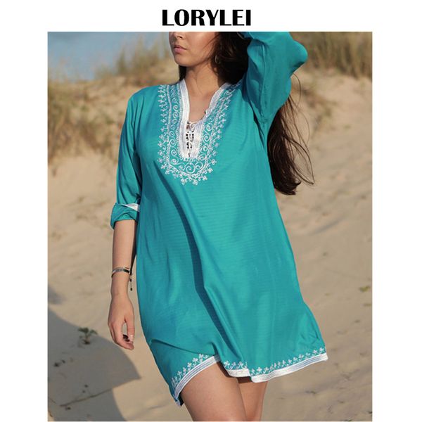 

2019 голубое озеро bohemian вышитые узелок с длинным рукавом лето пляж платье хлопка туники женские пляжная sarongs plage парео n846, Blue;gray