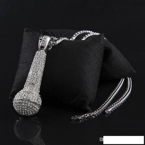 

mens iced out pendant necklace fashion microphone pendant hip hop necklace jewelry gold cuban chain necklace, Silver