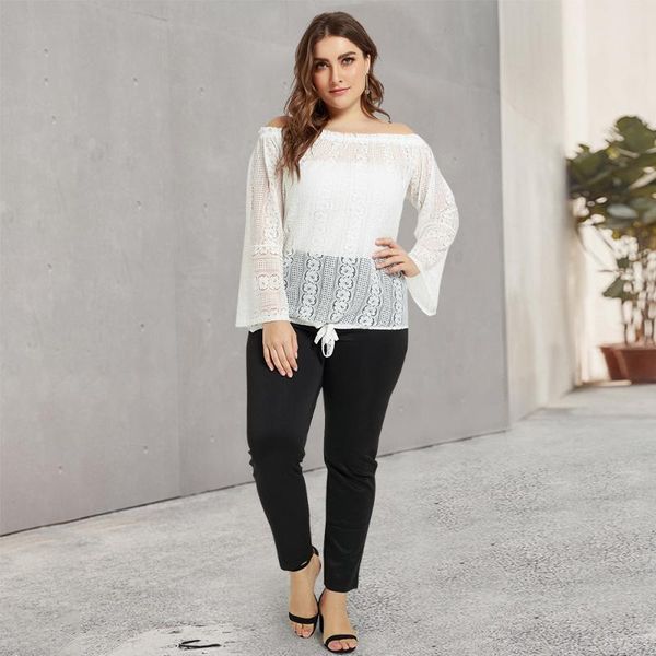 

2020 sweet plus size women's spring word collar stitching perspective white lace two-piece elegant fashion t-shirt
