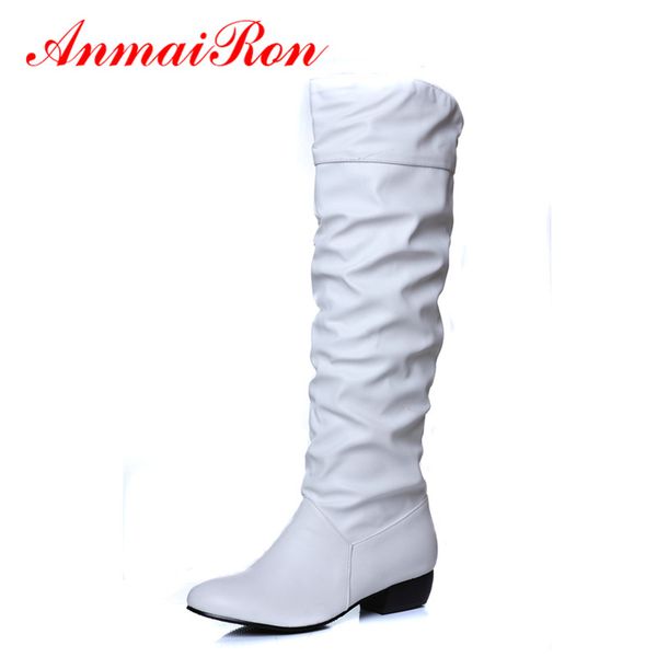 

anmairon fashion winter autumn pleated mid-calf women boots low heels black white brown flats half boots women snow shoes woman
