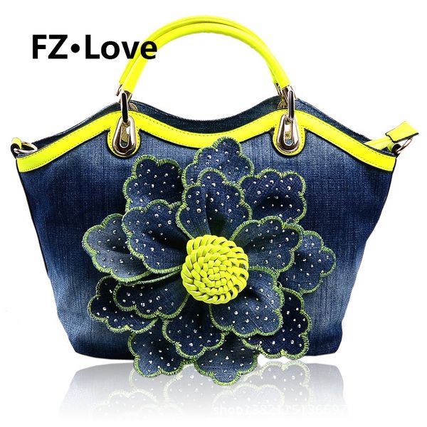 

женская denim blue top handle сумки на ремне сумки tote с блестящей rhinestone большой цветок satchel сумки большой кошелек ранцы