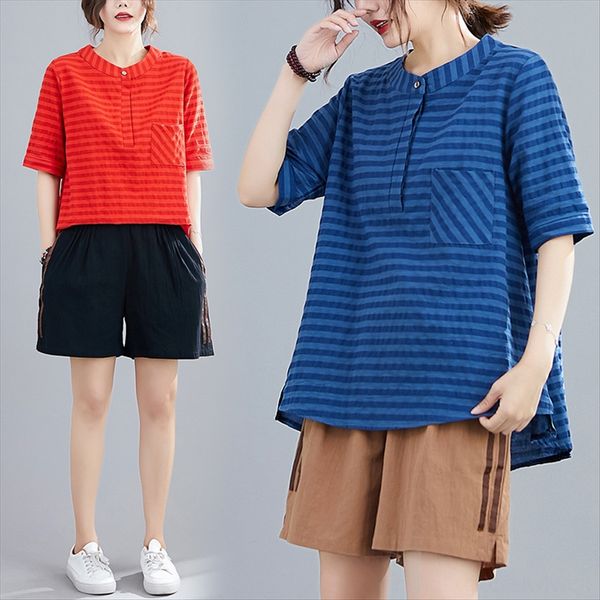 

женщины размера больших 2020 летних новый свободный полосатый нерегулярную короткий рукав женщины рубашки тонких базовую рубашка, White