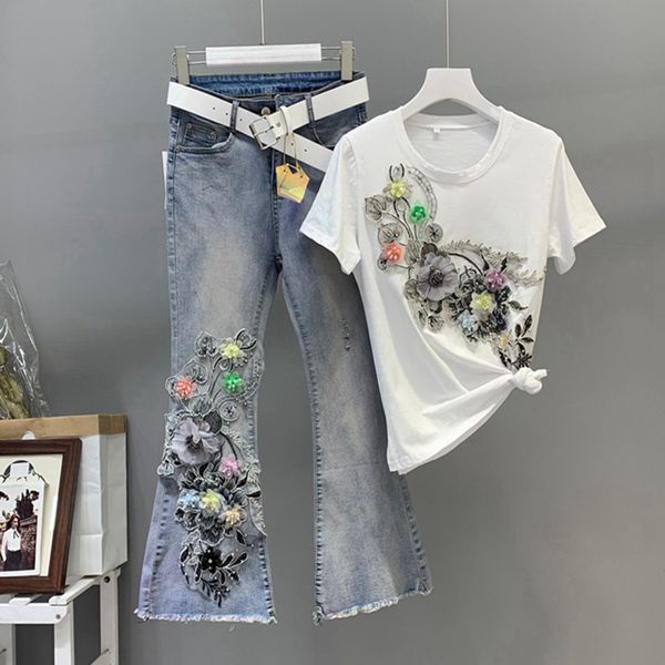

women heavy work embroidery 3d flower tshirts jeans 2pcs clothing sets summer casual suits vogue stylish european fashion sets, Blue