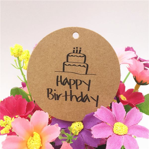 

100pcs brown round shape kraft paper tag printed happy birthday cake hat pattern for jewelry/birthday/cake gift boxes price tags, Black
