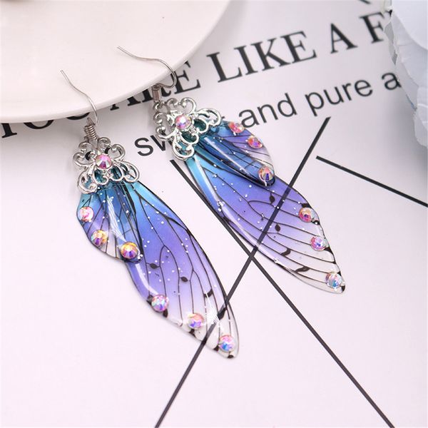 

fashion handmade femme wing drop earrings gold color fairy tale cicada wings earrings rhinestone purple earrings vintage jewelry gifts, Silver