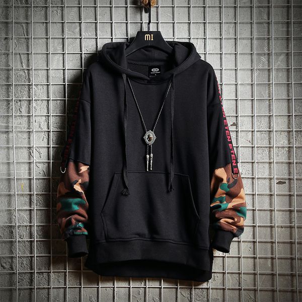 

men camouflage hooded hoodies sweatshirts 2018 mens patchwork hiphop pullover male japanese fashions windbreaker, Black