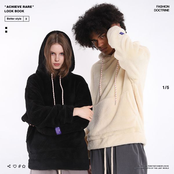 

2019 tide brand autumn and winter new men's clothing solid color lambskin couple hooded men's sweatshirts, Black