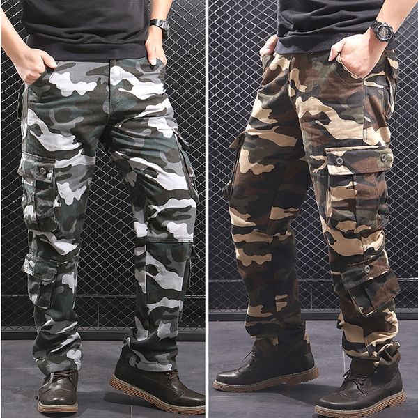

men's multi-pocket camouflage overalls casual sports long pants men loose jungle tactical trousers man printing pant, Black