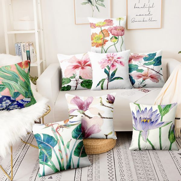 

watercolor plants printed thin linen pillowcase creative painting tropical flowers cushion decorative pillows almofadas 45*45cm