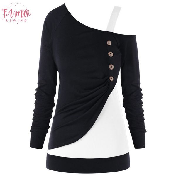 

fashion women patchwork botton blouse casual long sleeve plus size one shoulder color shirt plus size 5xl bluse women, White