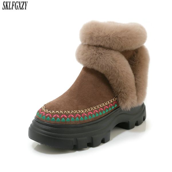

sklfgxzy 2019 genuine leather women snow boots winter warm women ankle boots flat platform femal shoes black size 34-39