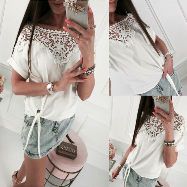 

new fashion white t shirt women short sleeve lace hollow baggy casual t-shirt summer lady girl clothes top