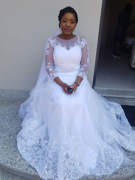 

white lace wedding dresses long sleeve sheer neck hollow back sweep train 2020 african wedding bridal gowns vestido de noiva