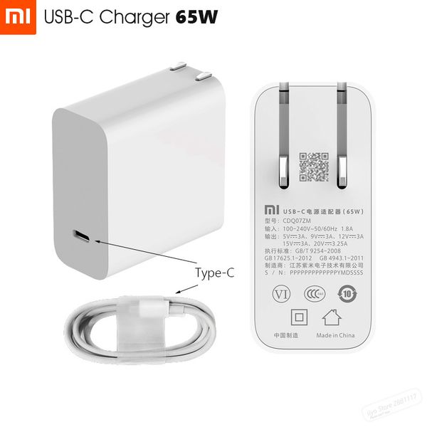 

original xiaomi usb-c charger 65w max smart output type-c port usb pd quick charge qc 3.0 cable gift