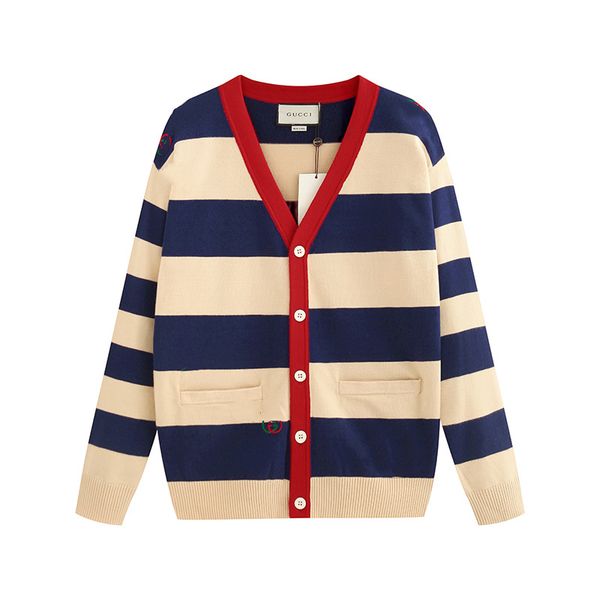 

2020 new ladies clothing designer, embroidered striped cardigan knitted high-quality cotton sweater, fashionable and comfortable blue and w, White