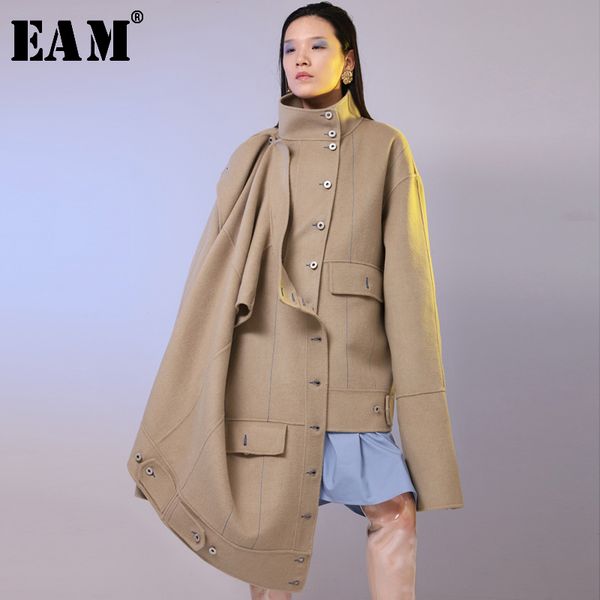 

eam]2019 new spring stand collar long sleeve single breasted loose hit color stitch woolen coat women fashion tide jg857, Black;brown