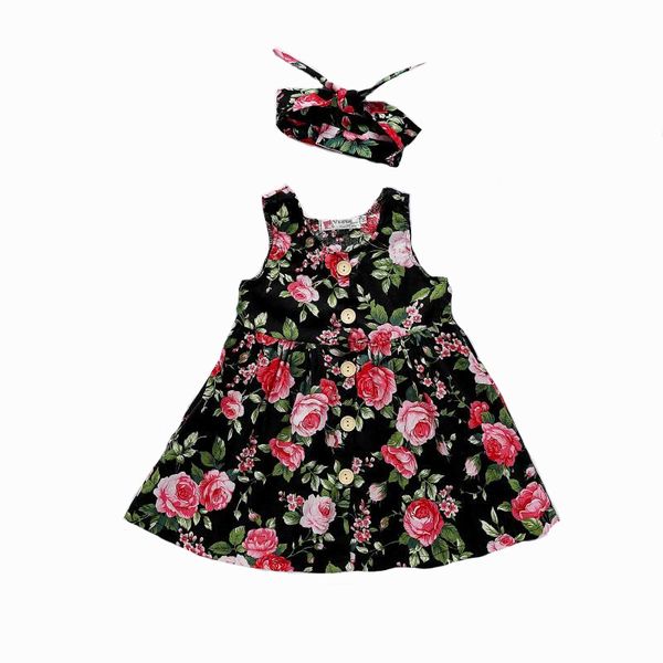 

summer baby girl dress fashion sleeveless flower print infant girls party princess dresses headband 2pcs toddler clothes outfits, Red;yellow