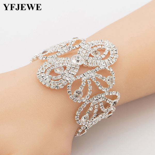 

yfjewe silver gold color crystal bracelet flower pattern shiny rhinestone wide bride princess wedding jewelry gifts b168, Black