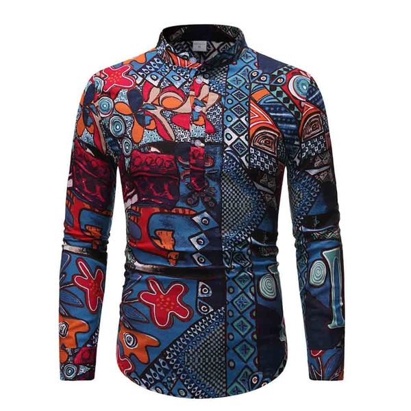 

men ethnic long sleeve casual cotton linen printing hawaiian shirt blouse plus size camisas hombre streetwear shirts men dress, White;black