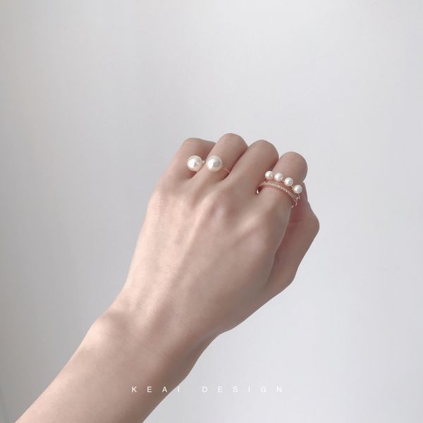 

maxi korea handmade micro-inlay ring two-piece zircon pearl rose gold double rings set, Silver