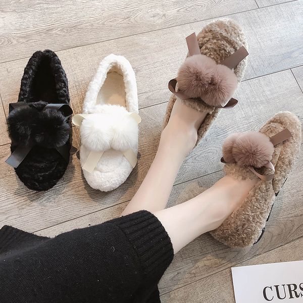 

women korean shoes autumn all-match shallow mouth casual female sneakers loafers fur round toe flats women's moccasins 2019, Black